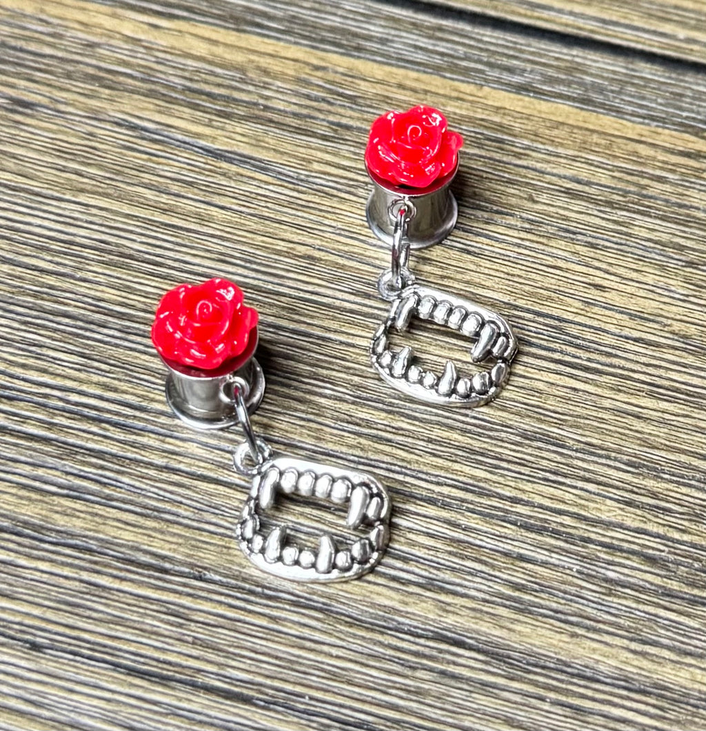 Vampire Teeth with Red Roses Dangle Ear Tunnels