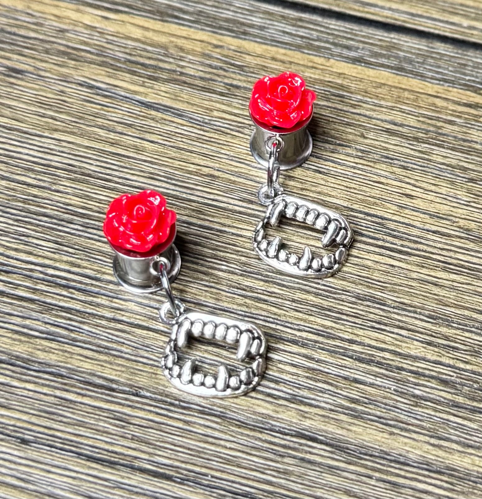 Vampire Teeth with Red Roses Dangle Ear Tunnels