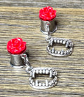 Vampire Teeth with Red Roses Dangle Ear Tunnels