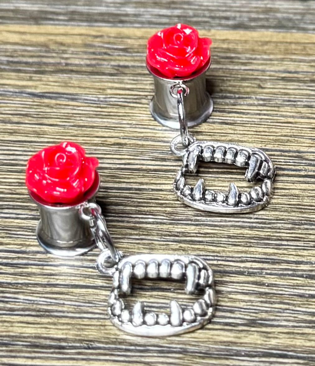 Vampire Teeth with Red Roses Dangle Ear Tunnels