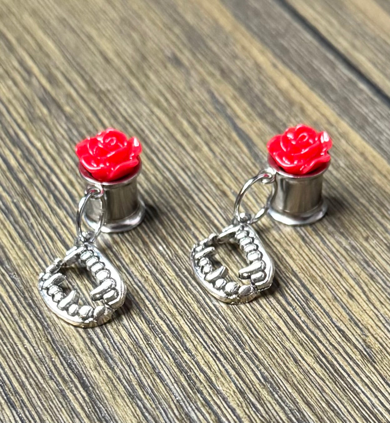 Vampire Teeth with Red Roses Dangle Ear Tunnels