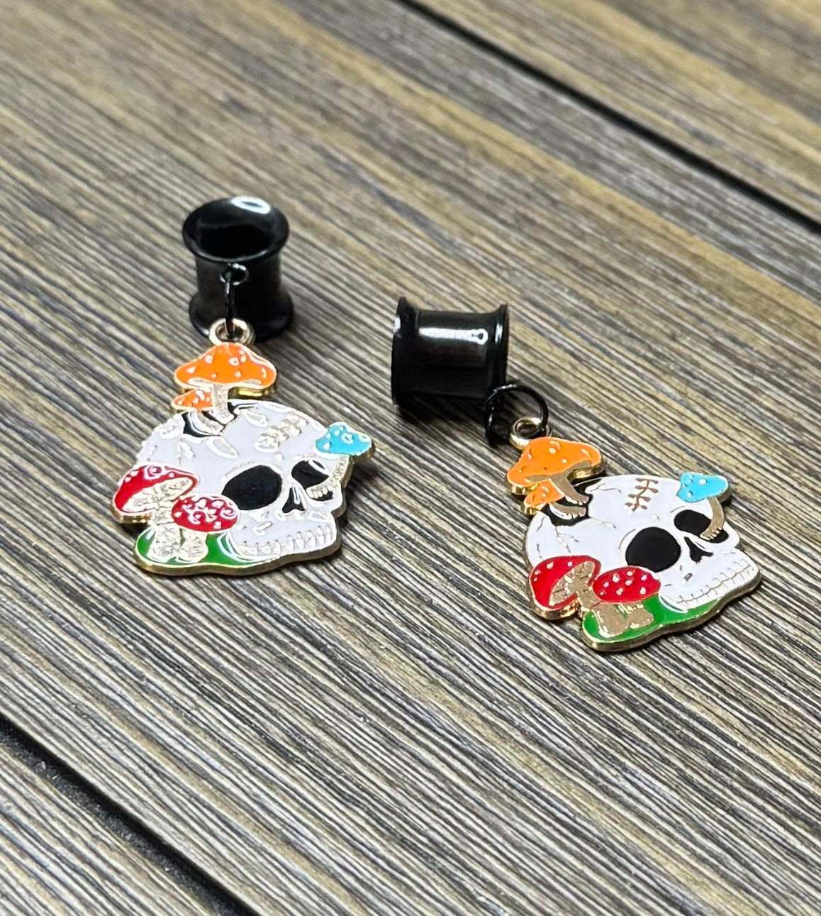 Skull and Shrooms Dangle Ear Tunnels