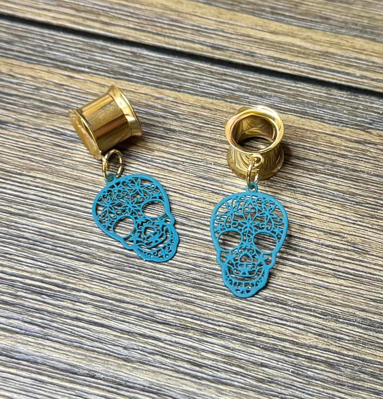 Dark Teal Boho Skull Dangle Ear Tunnels