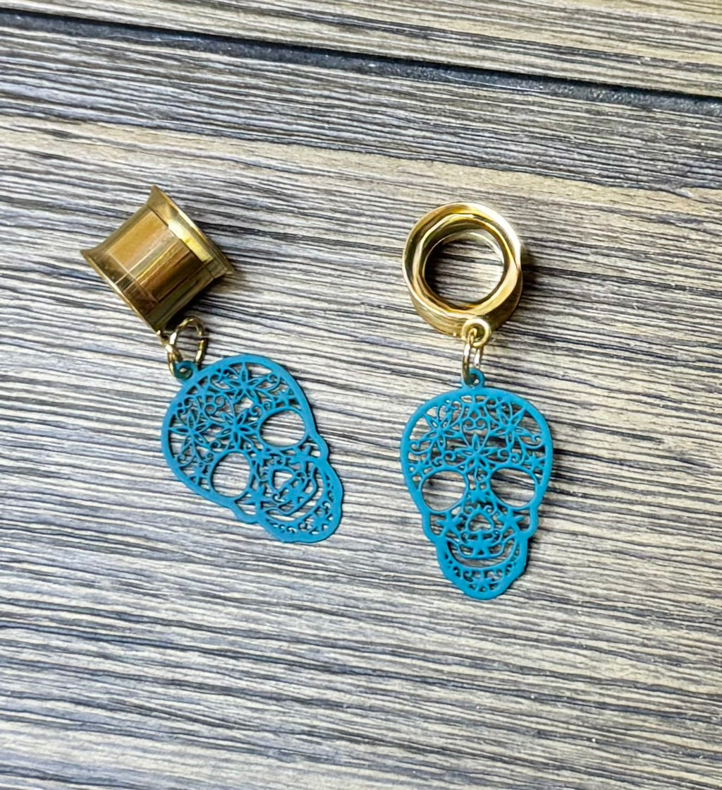 Dark Teal Boho Skull Dangle Ear Tunnels