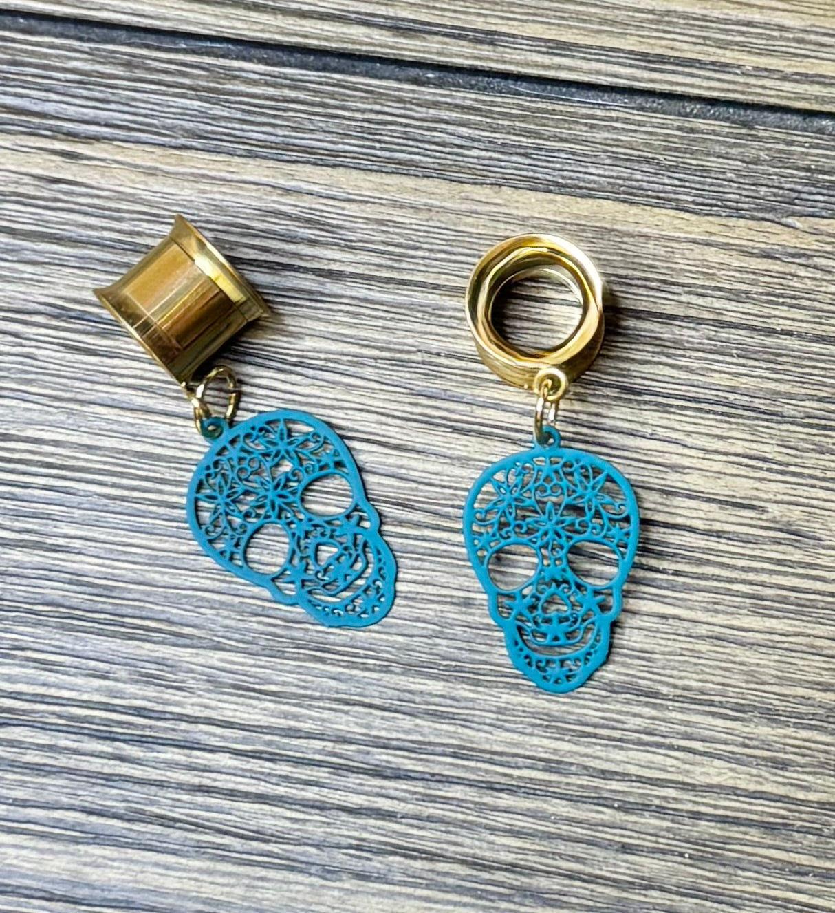 Dark Teal Boho Skull Dangle Ear Tunnels