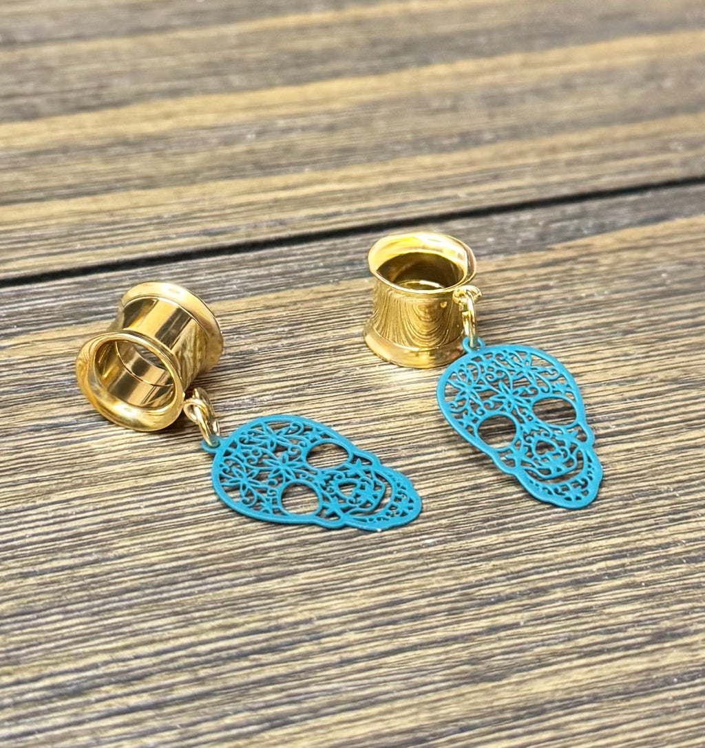 Dark Teal Boho Skull Dangle Ear Tunnels