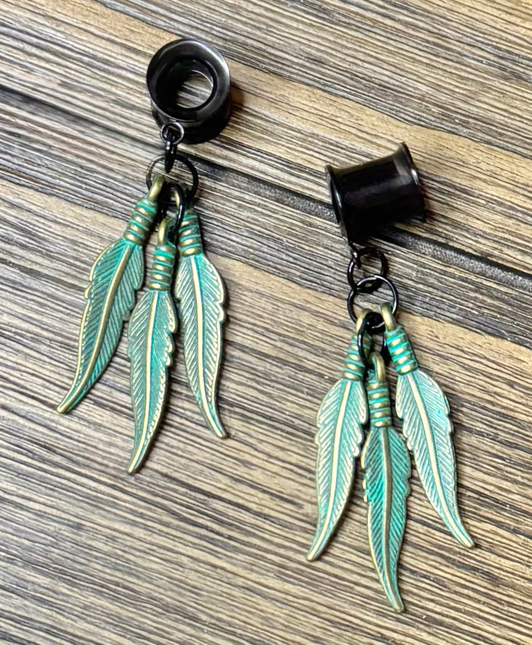 Teal Feathers Dangle Ear Tunnels