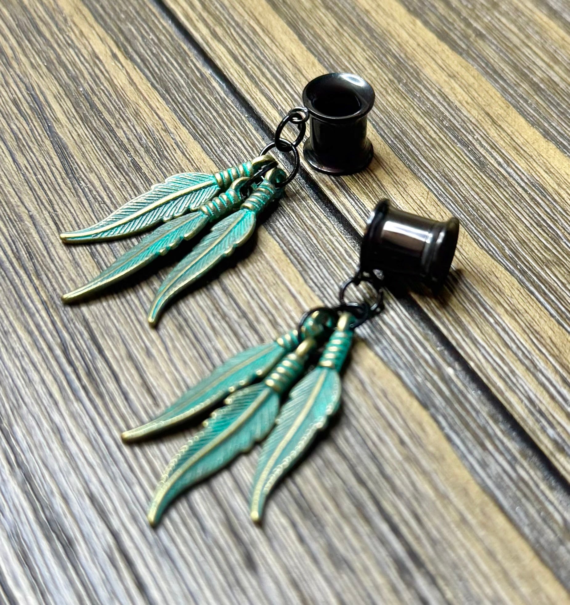 Teal Feathers Dangle Ear Tunnels