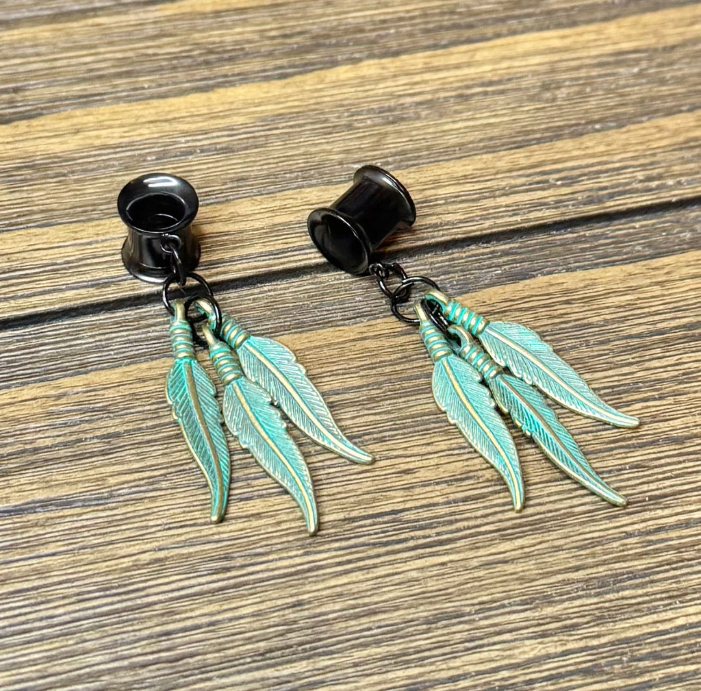 Teal Feathers Dangle Ear Tunnels
