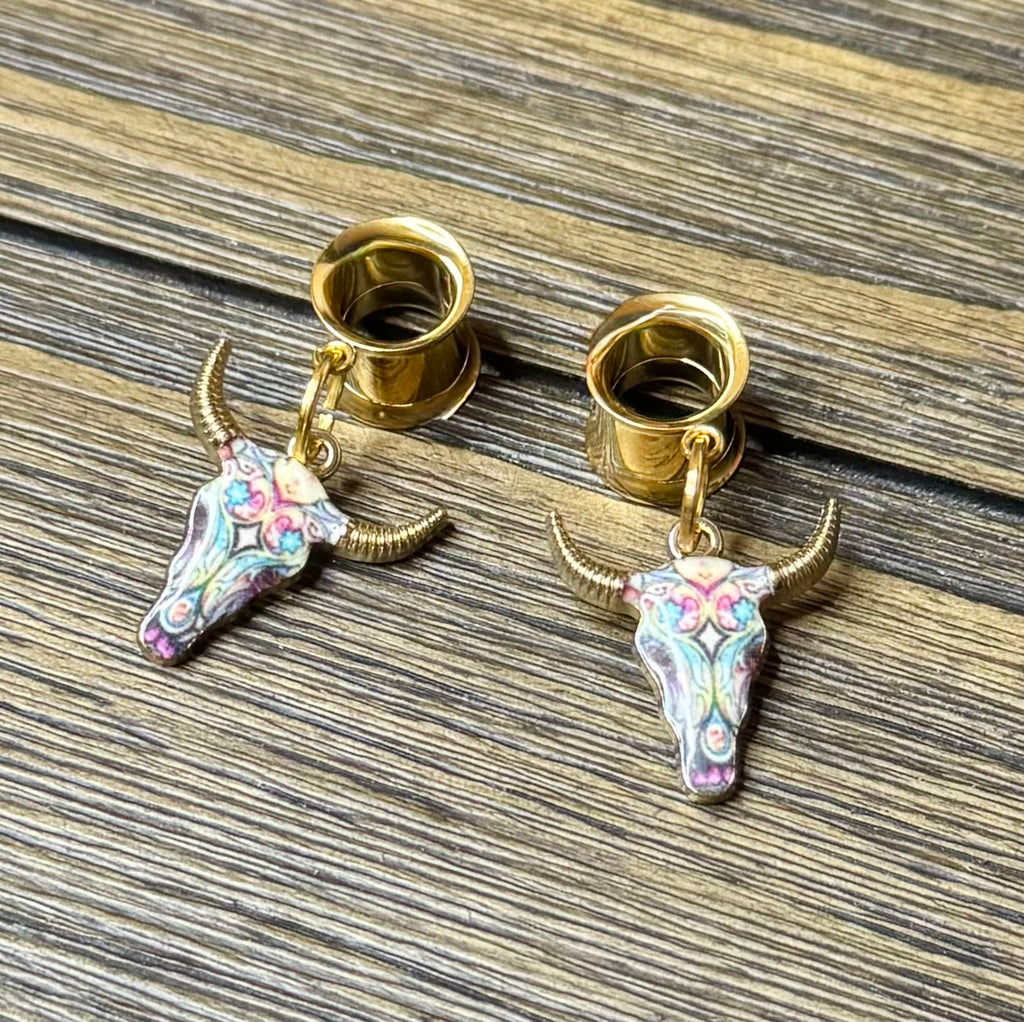 Cow Skull Dangle Ear Tunnels