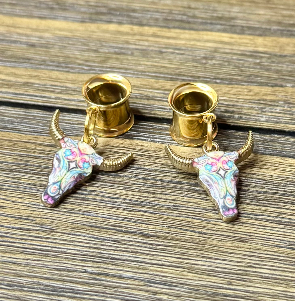 Cow Skull Dangle Ear Tunnels