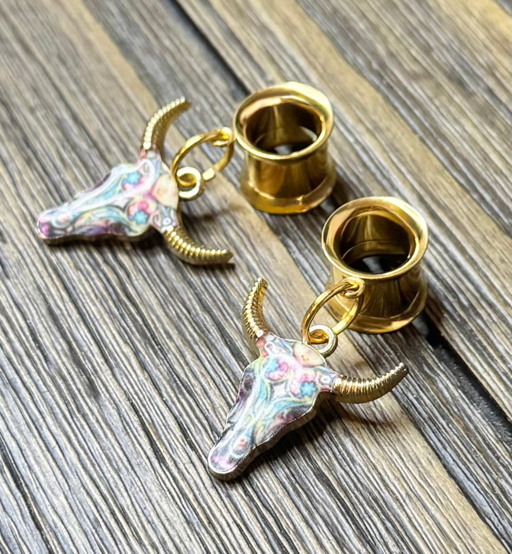 Cow Skull Dangle Ear Tunnels