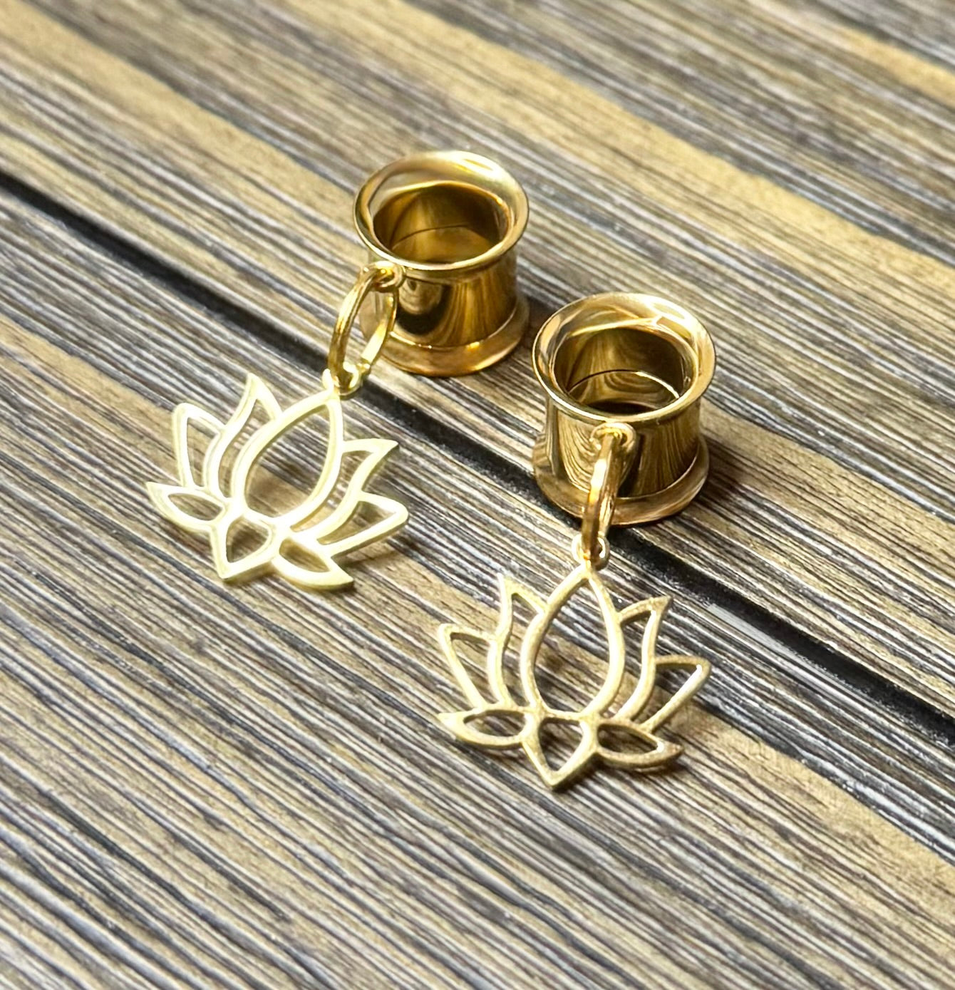 Gold Lotus Dangle Ear Tunnels