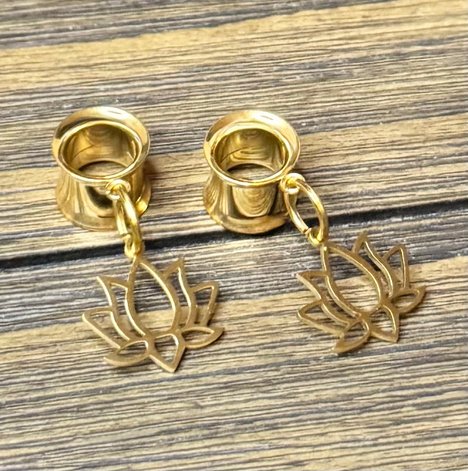 Gold Lotus Dangle Ear Tunnels