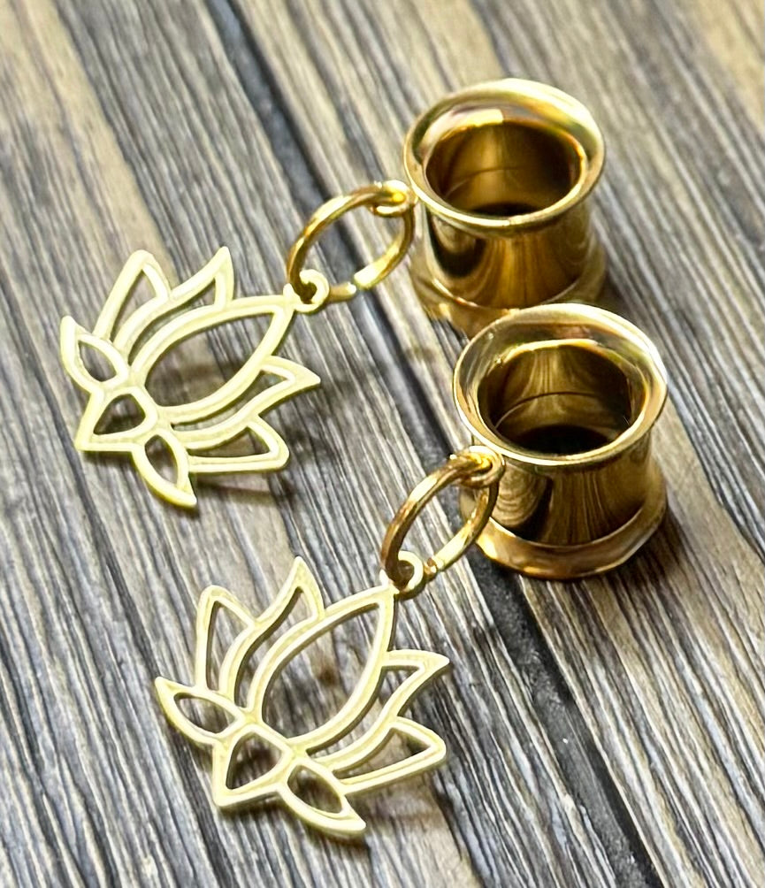 Gold Lotus Dangle Ear Tunnels