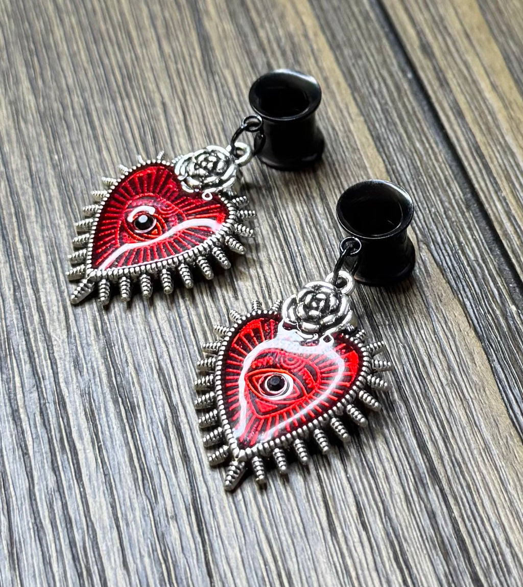 Evil Eye Spikey Heart Dangle Ear Tunnels