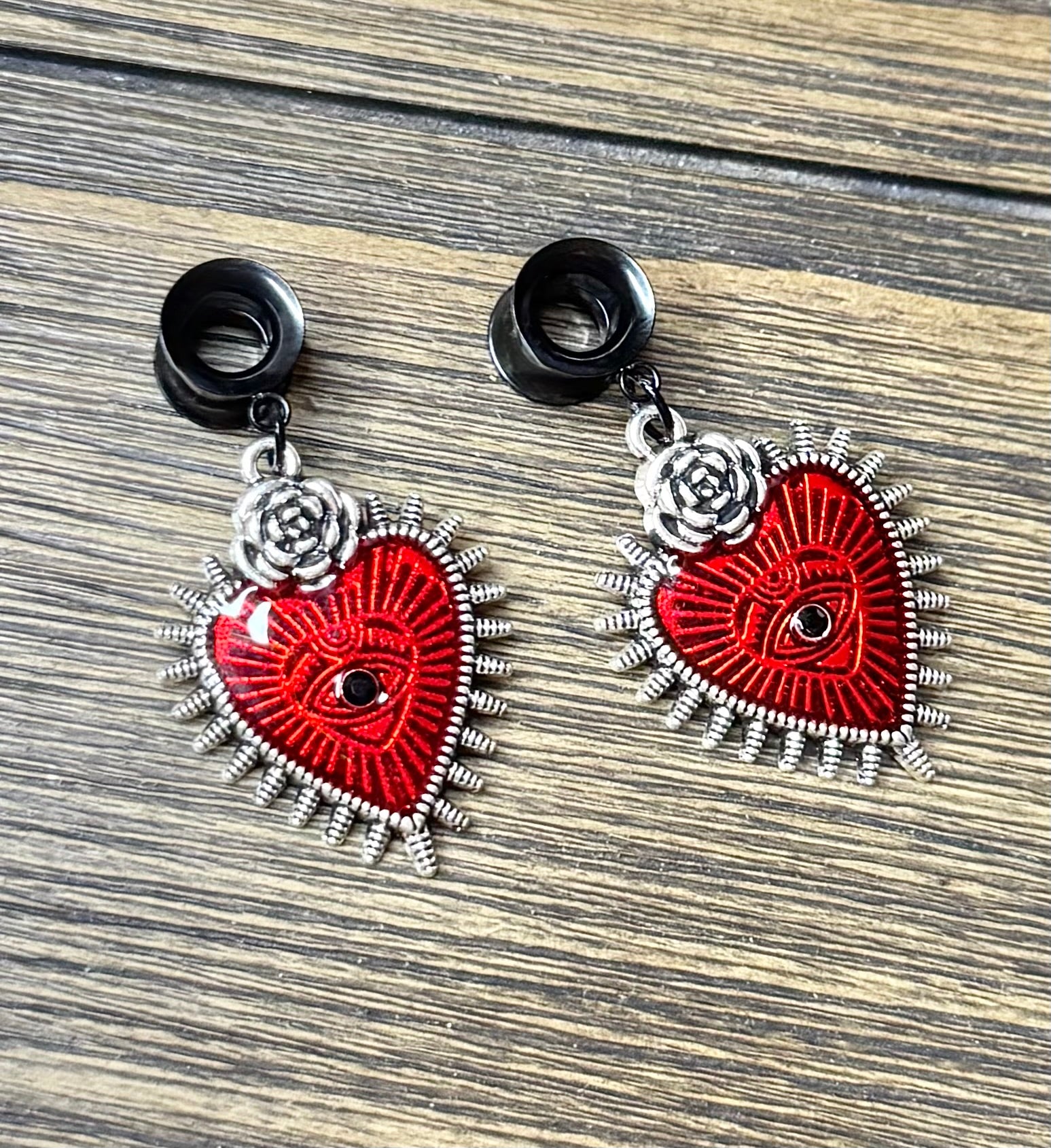 Evil Eye Spikey Heart Dangle Ear Tunnels
