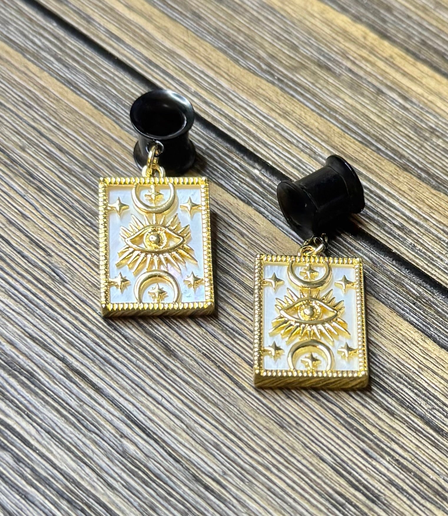 Evil Eye Mother of Pearl Dangle Ear Tunnels